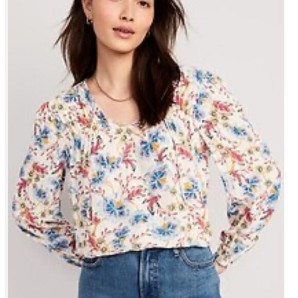 Old Navy Poet Top Womens XXL Floral Balloon Sleeve Crinkled Smocked Swing Blouse - Picture 1 of 11